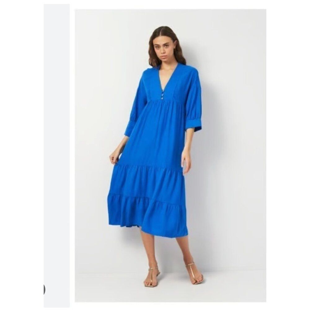 Zara Women Midi Dress Large S Cobalt Blue Tiered Button Linen Blend 2716/939 NWT